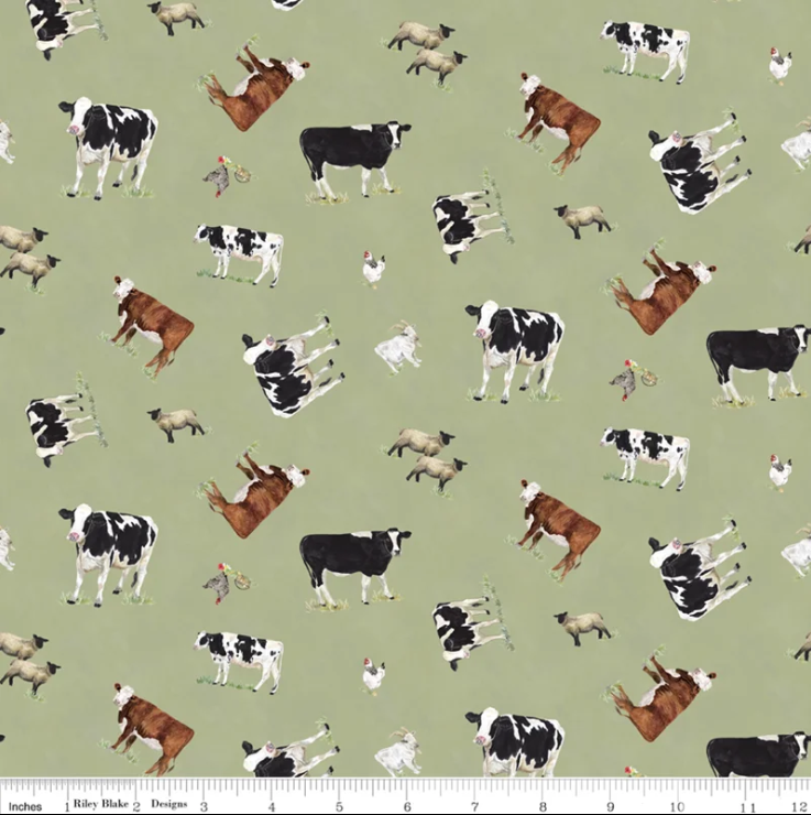 The Heartland Tossed Cows Green Fabric