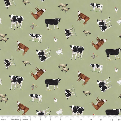 The Heartland Tossed Cows Green Fabric - By the yard