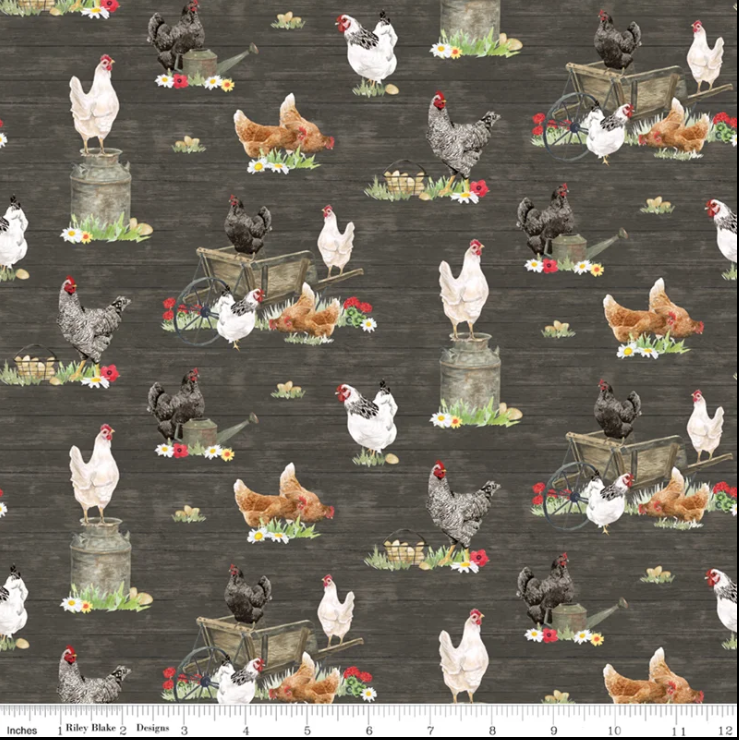 The Heartland Chickens Charcoal Fabric