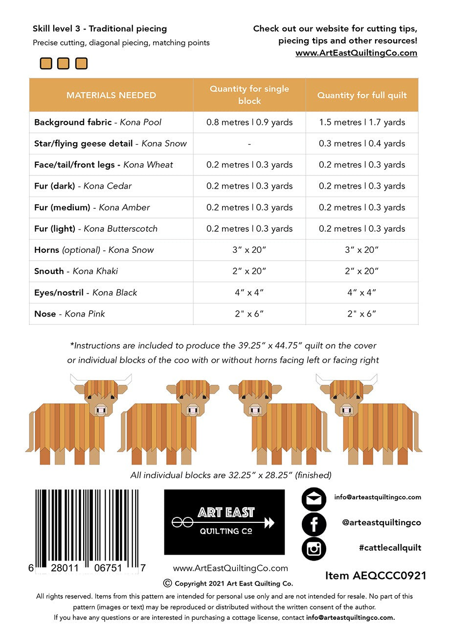 Art East Cattle Call - a Highland Coo Quilt Pattern