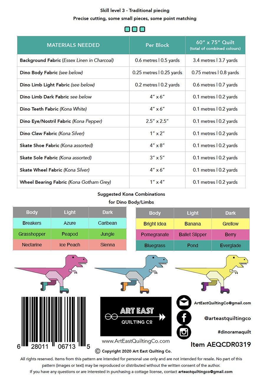 Art East Dinorama - T-Rex on Roller Skates Quilt Pattern